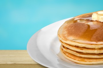 Stack of delicious pancakes, homemade breakfast concept