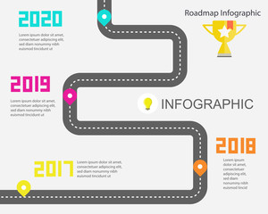 Colorful cartoon style: Infographic timeline for business 4 years, Roadmap diagram.	
