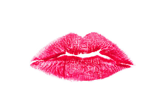 Print of beautiful sexy lips make-up with pink lipstick isolated on white. Lipstick smear.