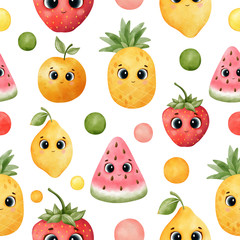 kawaii fruit pattern. Pattern with pineapple, watermelon, orange and cherry isolated on white background.