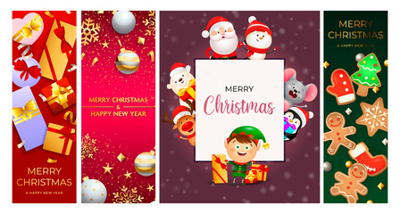 Merry Christmas greeting card with cute elf. Posters with decorations can be used for invitation and greeting card. Holiday concept