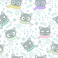 Seamless Christmas Kawaii Cute Cats Pattern, Cartoon Animals Background, Vector Illustration