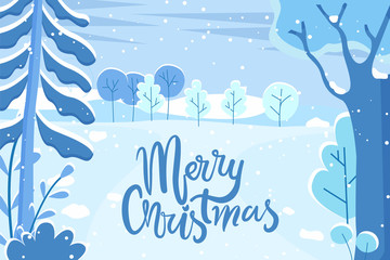Merry Christmas postcard with snowy fir-trees and hills outdoor. Greeting holiday card with spruce and snowflakes in blue color. New Year festive poster with spruce and snowfalling weather vector
