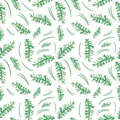 Seamless pattern with evergreen twigs and needles of juniper. Greenery watercolor. For your projects: scrapbook paper, packaging, design, textiles, printing and holiday design.