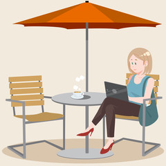 Beautyful girl vector illustration in flat cartoon style. Work in coffee shop Business Start Up Modern office Coding software development Programmer working with tablet