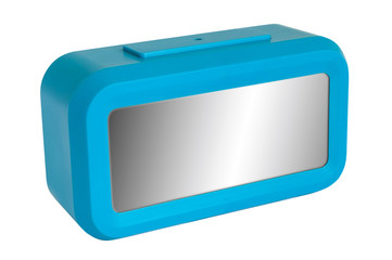 Blue Digital clock in off mode with white background.