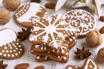 Christmas gingerbread cookies on a white table	
