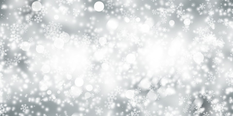 Fototapeta premium white and gray Christmas light with snowflake bokeh background, Winter backdrop wallpaper.