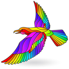 Illustration in stained glass window with bright rainbow Raven, isolated on white background
