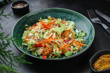 vegetable salad (Chinese cabbage, carrot, onion, lettuce, mix salad) menu concept. food background. top view. copy space
