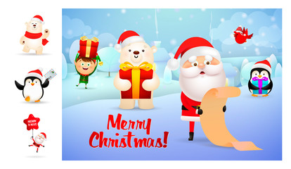 Merry Christmas postcard with cartoon Santa Claus. Lettering with decorations can be used for invitation and greeting card. Holiday concept