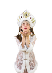 Beautiful, happy, emotional young woman with long hair, dressed like Santa Claus smiling. Christmas-New year carnival.