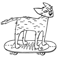 A young cat is riding somewhere on his skateboard. A skeleton of a fish is drawn on a skateboard.