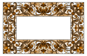 Illustration in stained glass style flower frame,  flowers and  leaves in frame, tone brown, sepia