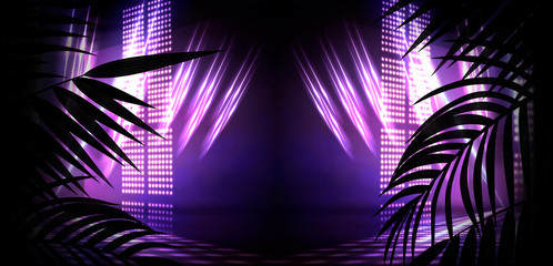 Dark neon background. Empty dark stage scene with tropical leaves. Neon light, spotlights. Night view.