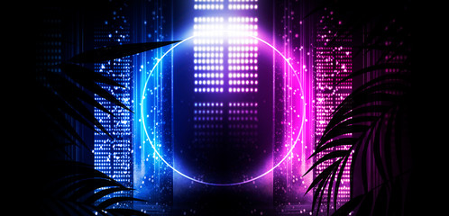 Dark neon background. Empty dark stage scene with tropical leaves. Neon light, spotlights. Night view.