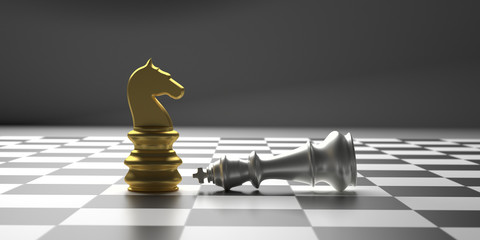 Chess knight gold standing winner on chessboard background. 3d illustration © Rawf8