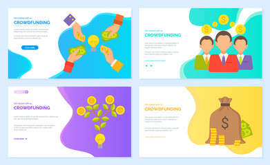 Crowdfunding vector, hands with coins and businessmen with finance assets, profit of people. Money tree growing in pot, bag with banknotes. Website or webpage template, landing page flat style