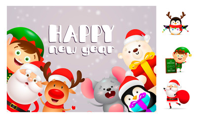 Happy New Year postcard with cute cartoon characters. Lettering with decorations can be used for invitation and greeting card. Holiday concept
