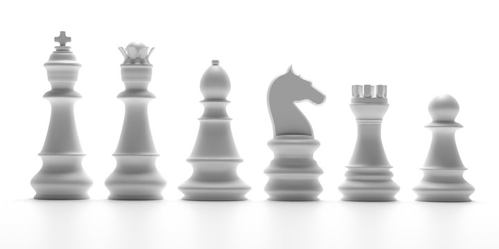 White chess pieces isolated on white background. 3d illustration