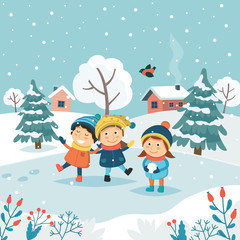 Merry christmas greeting card with children playing with snow. Cute vector illustration in flat style