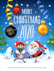Santa Claus with the symbol of 2020 Metal Rat on skates rushes for holiday on the field with Christmas trees.Christmas time with snow light 2020 New year.