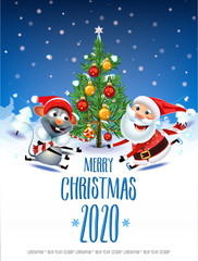 2020 New year & Merry Christmas symbol. Santa Claus on a winter background with gifts, Christmas trees,a star, candy, sweets and symbols 2020 rat. Decoration of poster card holiday background. Winter.