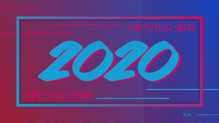 2020 Happy New Year neon sign. Retro cyber style 2020 New Year typography design
