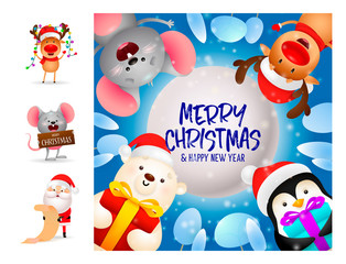 Obraz na płótnie Canvas Merry Christmas and happy New Year card on blue background. Lettering with decorations can be used for invitation and greeting card. Holiday concept