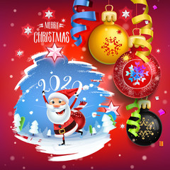 2020 New year & Merry Christmas symbol. Santa Claus on a winter background with Christmas toys, star, candy, sweets and symbols winter holidays. Decoration poster card holiday background. Winter.