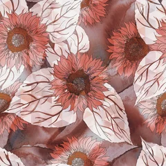 Foto auf Acrylglas Sunflower Seamless Pattern on Watercolor Background © Marina Grau