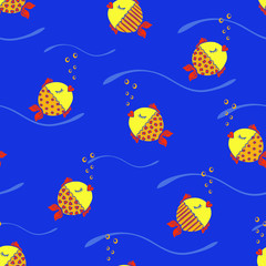 Fototapeta na wymiar Seamless vector pattern with baby fishes. Gold fish on blue background. Kids wallpaper design.