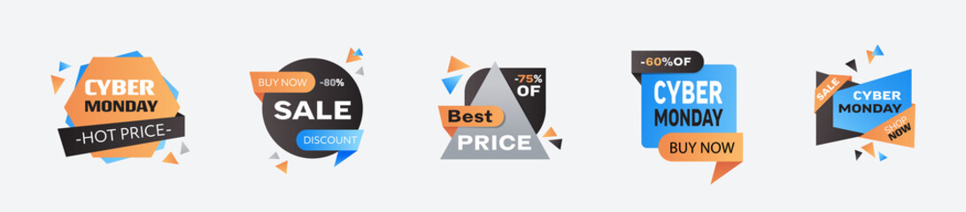 set cyber monday big sale stickers collection advertisement special offer concept holiday online shopping discount banners horizontal vector illustration