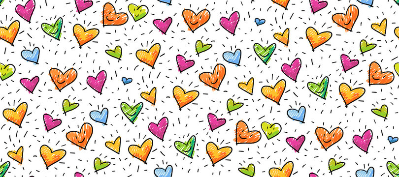 Hand-drawn seamless birthday or valentine pattern with cute little hearts for greeting cards, wrapping paper