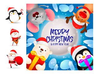Obraz na płótnie Canvas Merry Christmas card on blue background. Lettering with decorations can be used for invitation and greeting card. Holiday concept