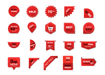set black friday badges special offer sale promo marketing holiday shopping concept discount red labels collection advertising campaign in retail horizontal vector illustration