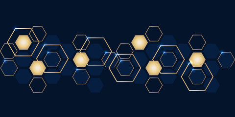 Luxury abstract gold and navy blue hexagons background. Futuristic modern hi-tech background for digital technology. Vector illustration EPS10.
