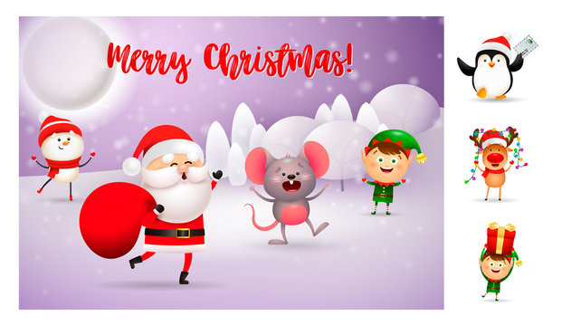 Merry Christmas card with cartoon Santa carrying bag. Lettering with decorations can be used for invitation and greeting card. Holiday concept