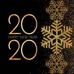 2020 Happy New Year. Golden numbers, glitter and snowflakes on dark background. New Year 2020 greeting card.
