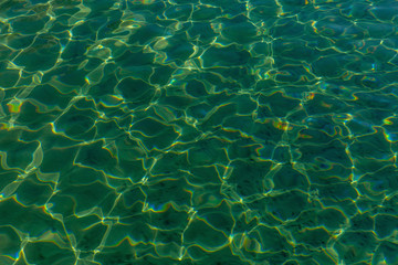 Transparent turquoise surface of the sea. Relax and calm. Background. Space for text.