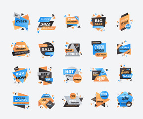 set cyber monday big sale stickers collection advertisement special offer concept holiday online shopping discount banners vector illustration
