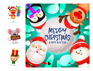 Fototapeta premium Merry Christmas card with smiling cartoon characters. Lettering with decorations can be used for invitation and greeting card. Holiday concept