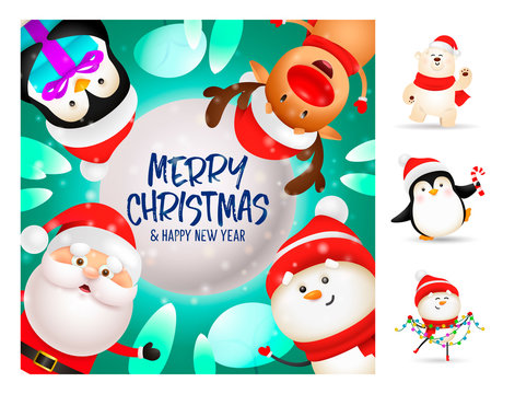 Merry Christmas colorful postcard with cute cartoon characters. Lettering with decorations can be used for invitation and greeting card. Holiday concept