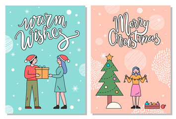 Merry christmas cards set vector, people on winter holidays celebrating events together. Woman and man exchanging gifts. Lady decorating pine tree with garlands and baubles. Minimalist postcard