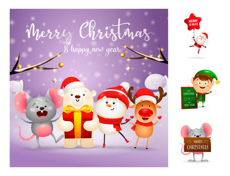 Merry Christmas greeting card on purple background. Lettering with decorations can be used for invitation and greeting card. Holiday concept