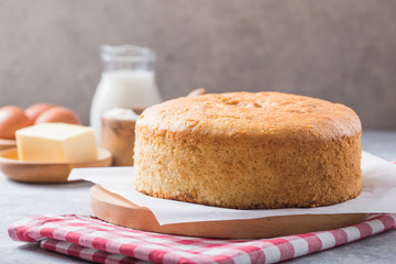 Homemade  Soft and lite delicious sponge cake with ingredients: eggs flour milk on stone concrete table. Bakery background concept.