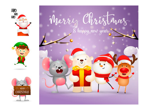 Merry Christmas greeting card with cartoon characters in forest. Lettering with decorations can be used for invitation and greeting card. Holiday concept
