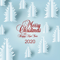 Square vector banner or social media post template with Merry Christmas and Happy New Year calligraphic lettering with paper christmas trees on gray blue background.