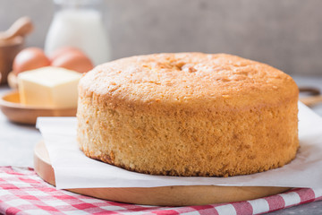 Homemade  Soft and lite delicious sponge cake with ingredients: eggs flour milk on stone concrete table. Bakery background concept.