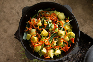 vegetables and meat in a cauldron in the garden
